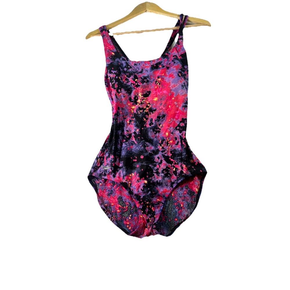 Speedo Womens Pink White Black Tye Dye One Piece Lined Swimsuit size 8 Beachy